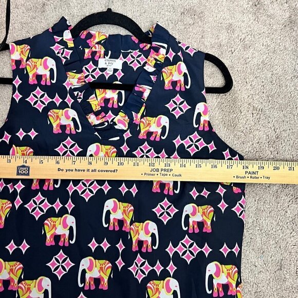 Crown & Ivy Elephant Print Ruffled Neck Shift Dress Petite 6P Sleeveless - Picture 10 of 13